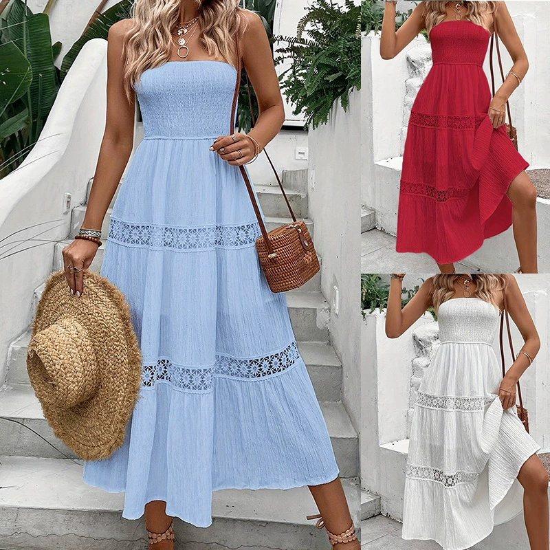 ID:21679 - Pleated large hem skirt seaside resort style midi skirt